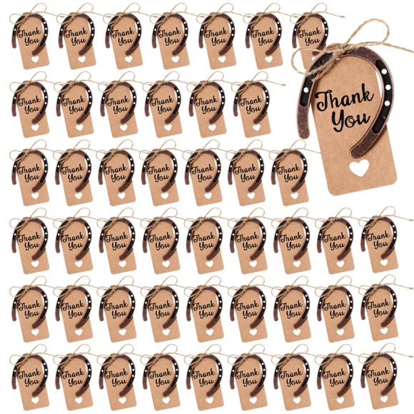 Leinuosen 48 Pcs Good Lucky Horseshoe with Thank You Kraft Tags and Rope, Western Rustic Horseshoe Charms, Metal Horse Gifts for Vintage Wedding Birthday Cowboy Cowgirl Party Favors