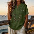 thumbnail image 5 of Embroidered Linen Shirt for Women, V-Neck Short Sleeve Cotton Blend Tunic with Floral Details - Loose Fit Casual Summer Top Army Green L, 5 of 8