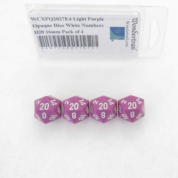 Light Purple Opaque Dice with White Numbers D20 Aprox 16mm (5/8in) Pack of 4 Wondertrail