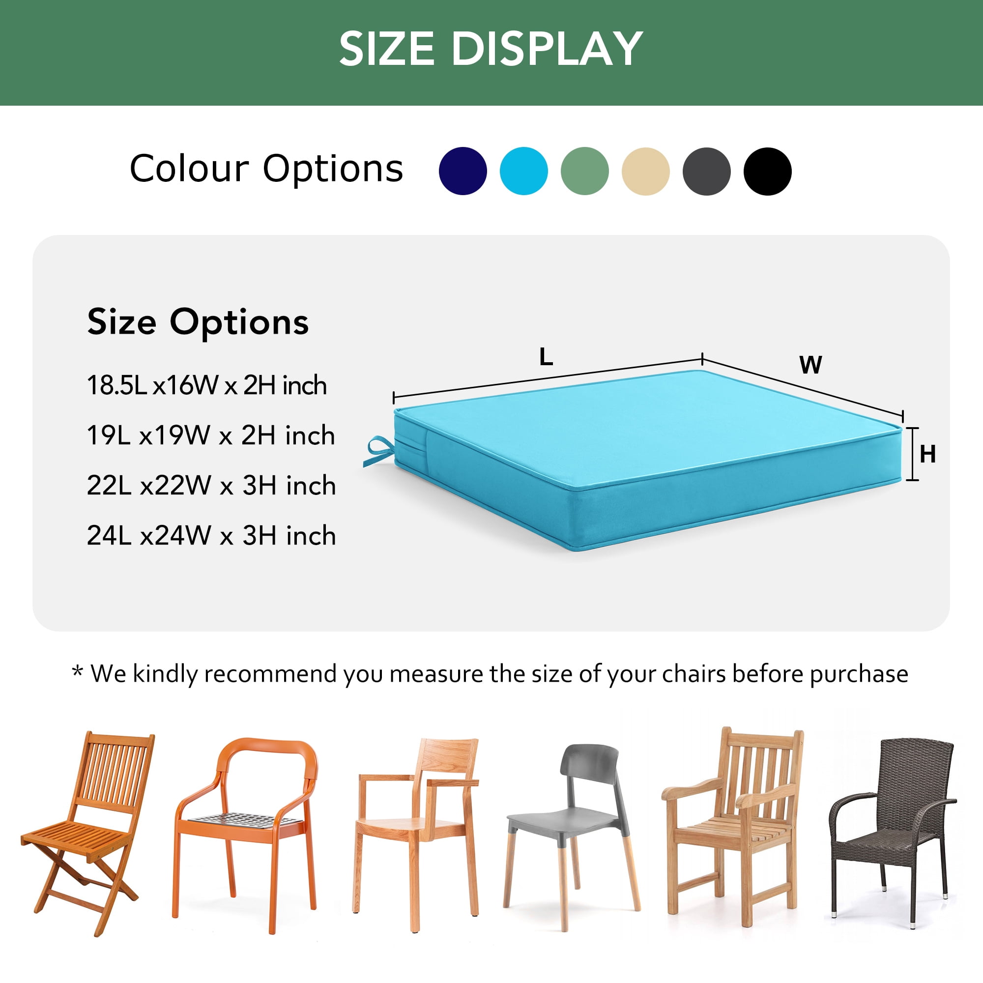 Ottowood Outdoor Chair Cushions Set of 6, 18.5x16x2 Waterproof Patio Cushions with Ties, Teal