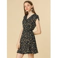 thumbnail image 4 of Vestido De Manga Corta Fluido Floral Con Cinturón Y Cuello En V Cruzado Bohemia Para Mujer Negro L, 4 of 6