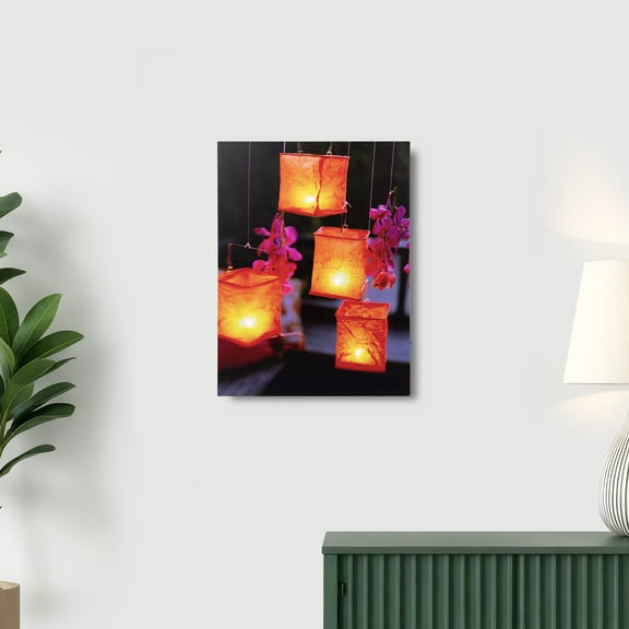 Northlight LED Lighted Flickering Paper Candle Lanterns and Orchids Canvas Wall Art - 15.75" x
