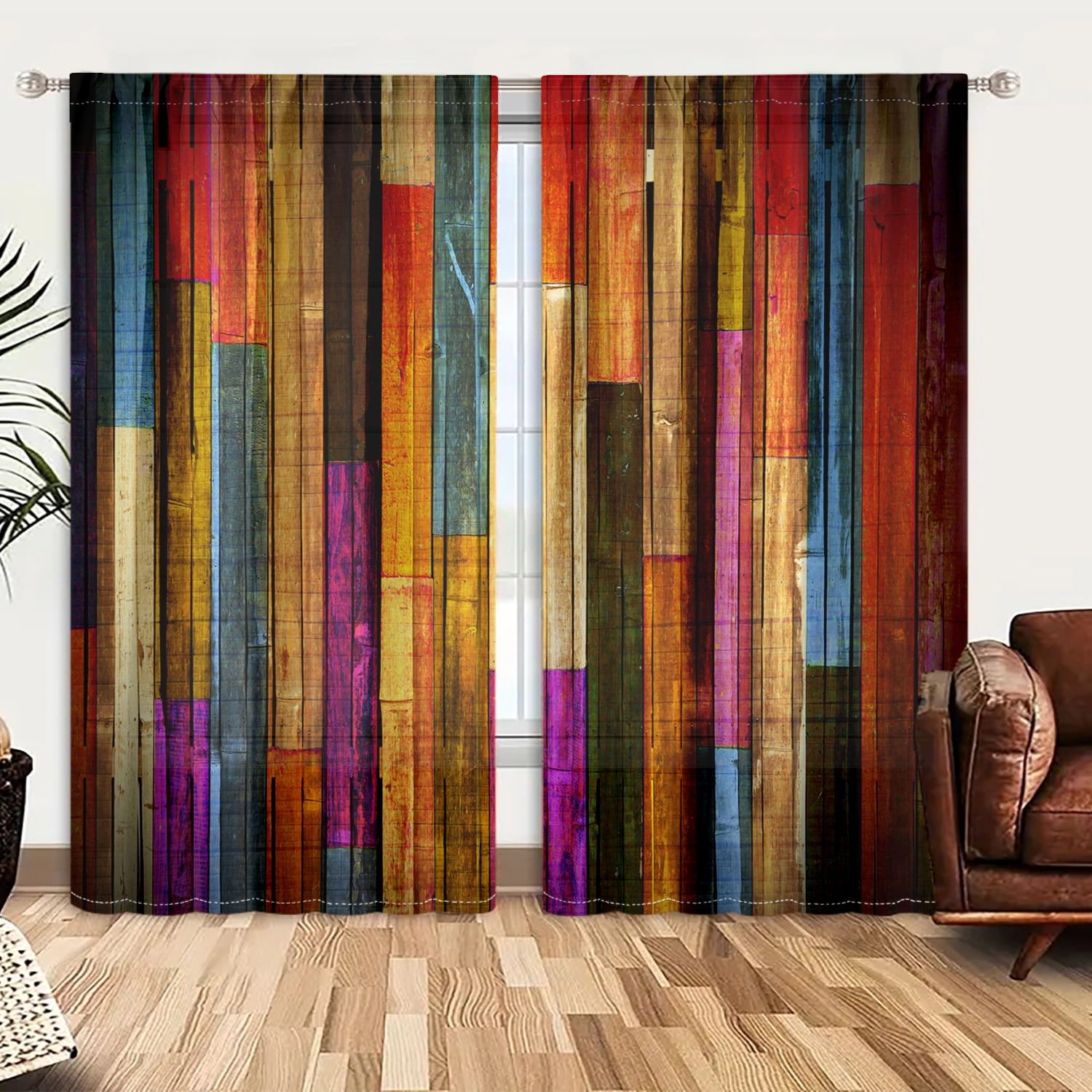 WNOOHIY Colorful Wooden Plank Pattern Polyester Curtains for Bedroom, Living Room,Set of 2 Panels