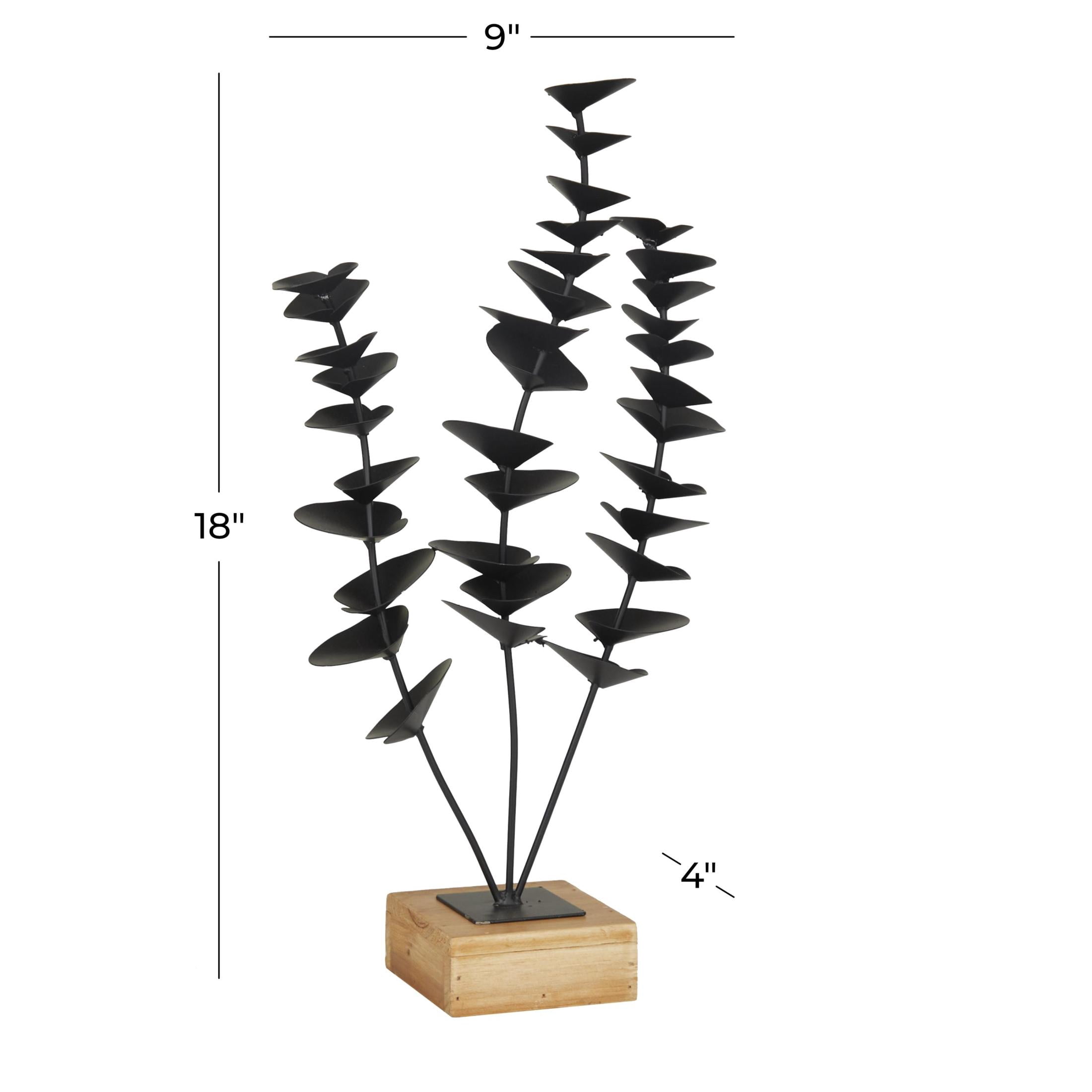 9" x 18" Black Metal Leaf Sculpture with Wood Base, by DecMode