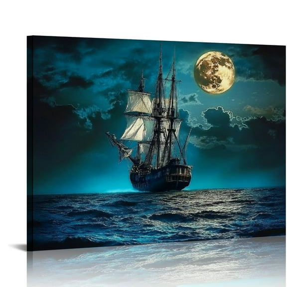 Pirate Ship Wall Art Viking Ship Canvas Nautical On the Sea and Moon Seascape Wall Art Painting The Picture Print On Canvas for Living Room Kitchen Home Decor