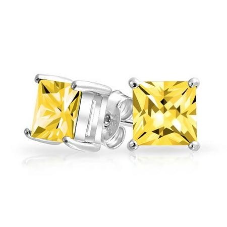 - 1 CTW Canary Yellow Square Stud Earrings Cubic Zirconia Princess Cut Simulated Topaz Basket Set CZ Sterling Silver 7mm