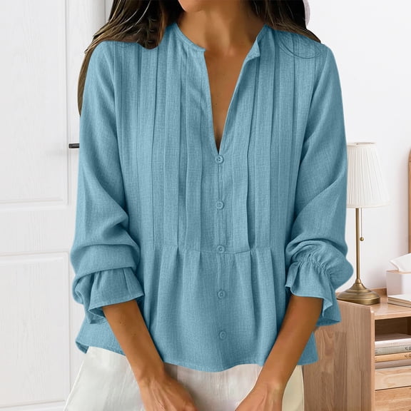 Endives Womens Cotton Linen Shirt Long Sleeve Shirt Button Down Shirts V Neck Pleated Casual Loose Blouses Roll Up Sleeve Shirt