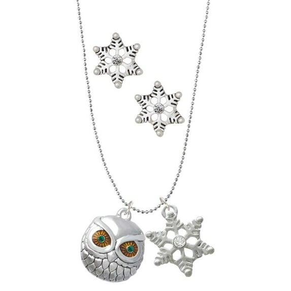 Delight Jewelry Silvertone Large Round Owl with Green Crystal Eyes Silver tone Snowflake Charm Necklace and Stud Earrings