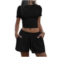thumbnail image 2 of Bloomae Two Piece Jogger Sets for Women Summer Crew Neck Lounge Short Sets Short Sleeve Crop Tops and Drawstring Elastic Waist Short Pants Vacation Outfits with Pocket Black S, 2 of 7