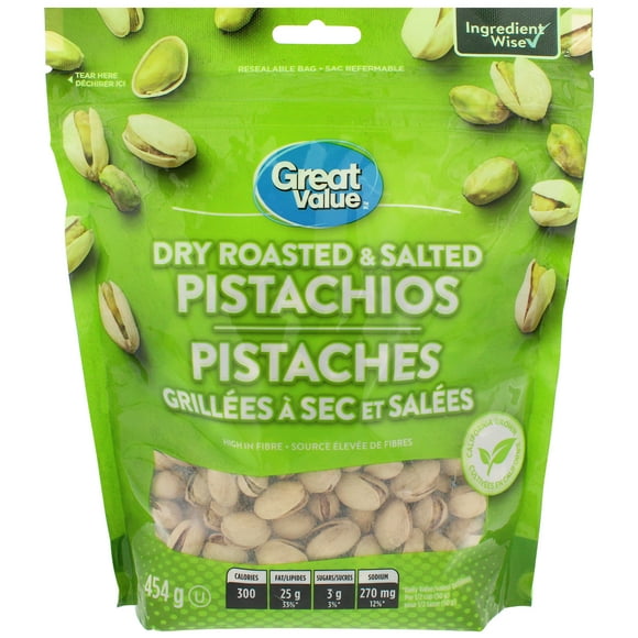 Great Value Dry Roasted & Salted Pistachio Nuts, 454g Resealable Bag, 454 g