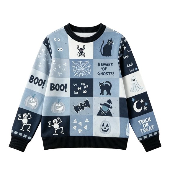 Kids Halloween Patterned Knit Sweater Relaxed Fit Skeleton Ghost Pumpkin Graphic Pullover Top Winter Holiday Party Outfit