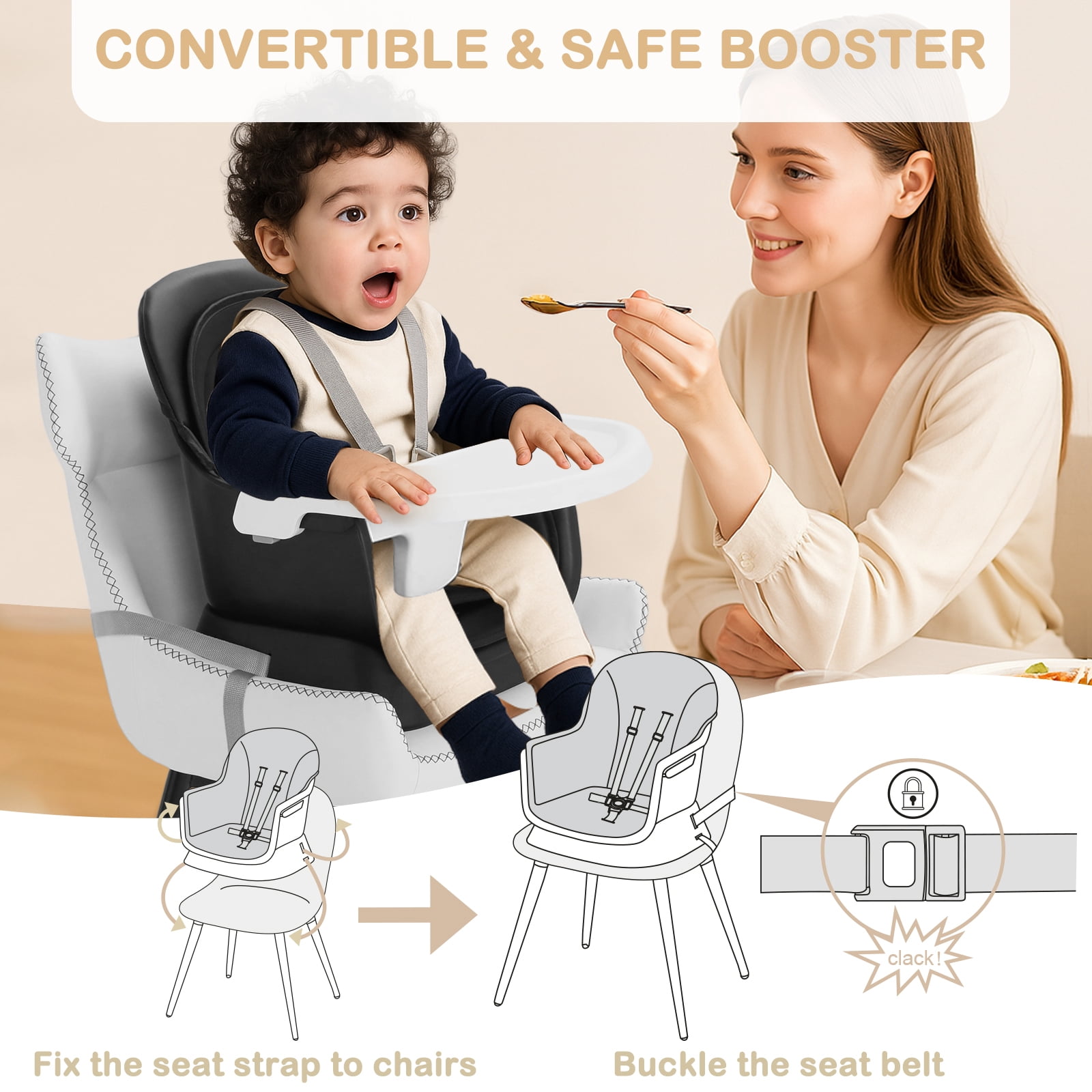 AILEEKISS 8-in-1 Baby High Chair, Toddler Booster Seat with Dishwasher-Safe Tray, Black