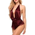 thumbnail image 3 of Conjunto de lencería Ropa interior Halter Teddies Backless Deep V camisón de satén Hugtrwg para mujer Rojo T M, 3 of 5