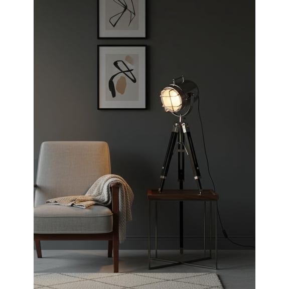 Spotlight Floor Lamp with Adjustable Height – Chrome & Black Metal Finish (Rudyard Style) | Modern Compact Floor Lamp for Living Room, Bedroom & Study