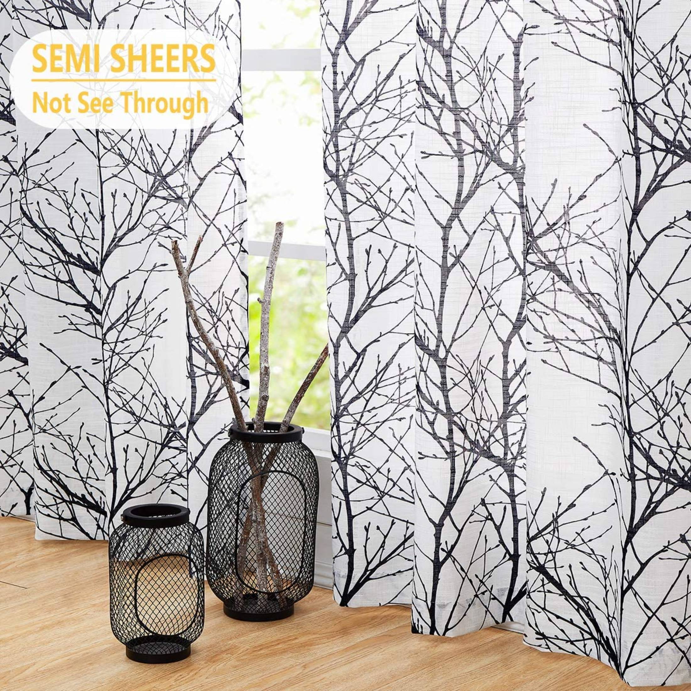 Decoultimatex White Semi Sheer Curtains Black and Grey Branches Printing on Linen Textured White Window Treatment Panels for Living Room Bedroom Drapes, 50"x96"x2
