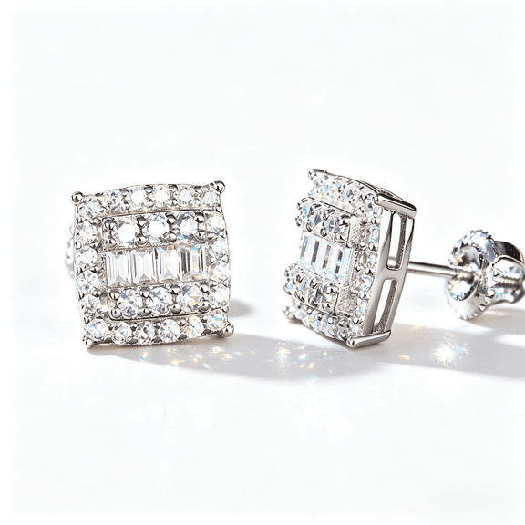 KIJ 1.38 Carat Square Shaped Moissanite Pave Stud Earrings 925 Sterling Silver Rhodium Plated Gifts for Women