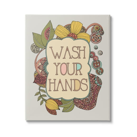 Stupell Industries Wash Your Hands Bathroom Sign Intricate Floral Details Graphic Art Gallery Wrapped Canvas Print Wall Art, Design by Valentina Harper