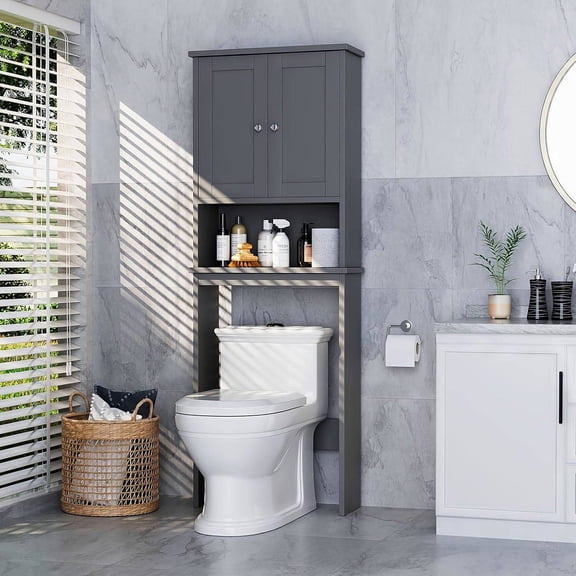 Over the Toilet Storage Cabinet with 2 Wood Doors, Adjustable Shelf & Open Shelf, Grey