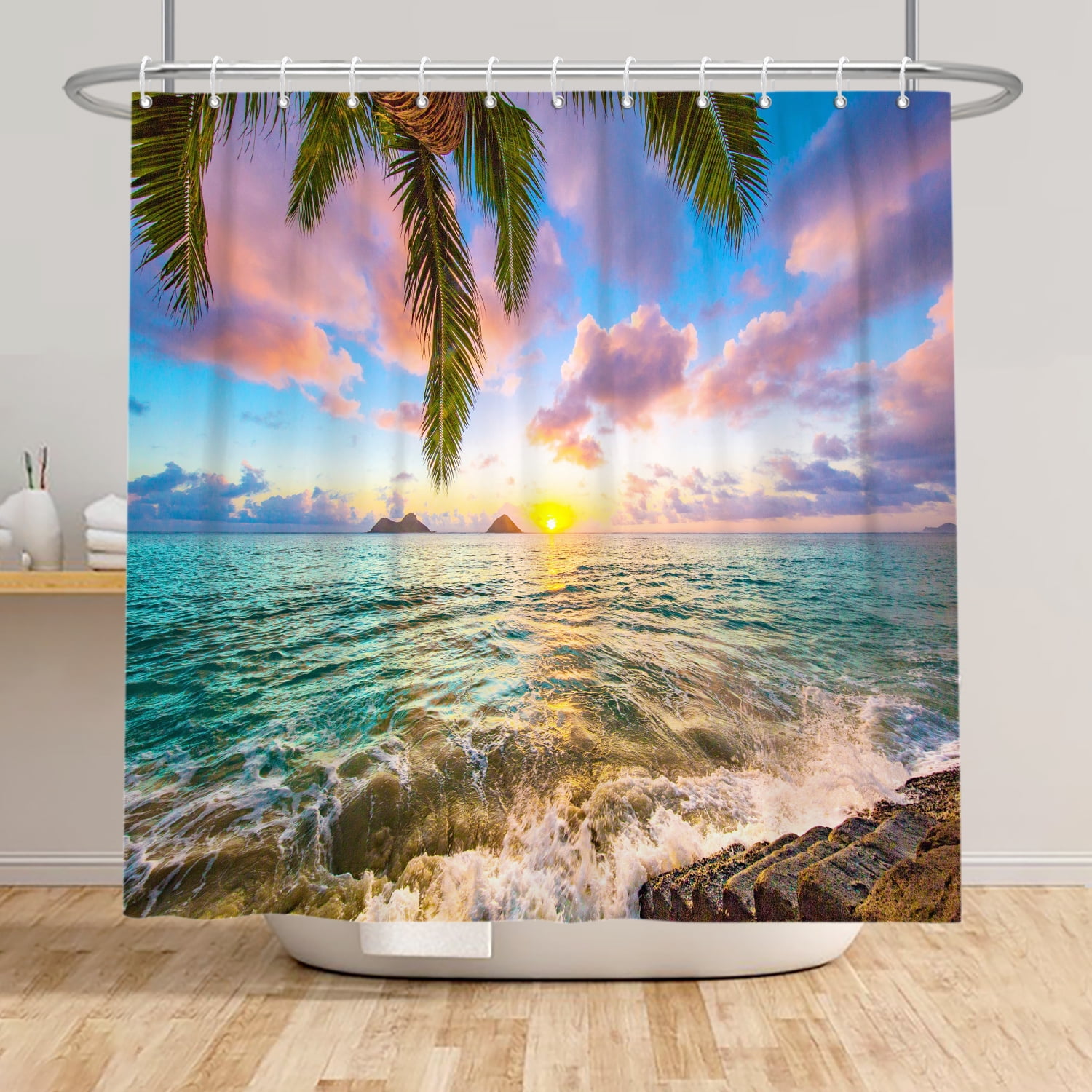 SUNOLIFE Ocean Sea Beach Shower Curtain Summer Hawaii Seaside Fabric Bathroom Curtain with Hooks,72x78 in
