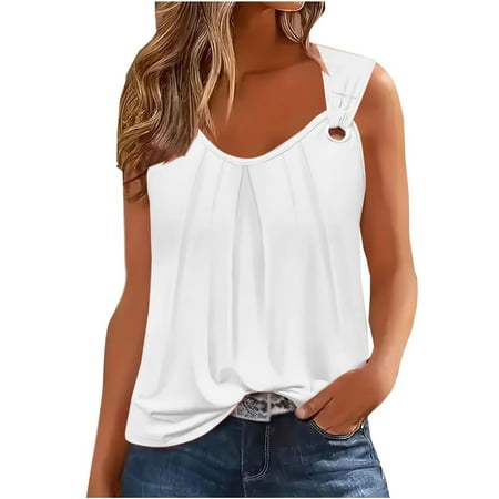 Mrat Looseting Tank Tops Women s Solid Color Fold Camisole Sleeveless T-Shirt Loose Tank Tops Camisole with Built In Bra S-77 White S