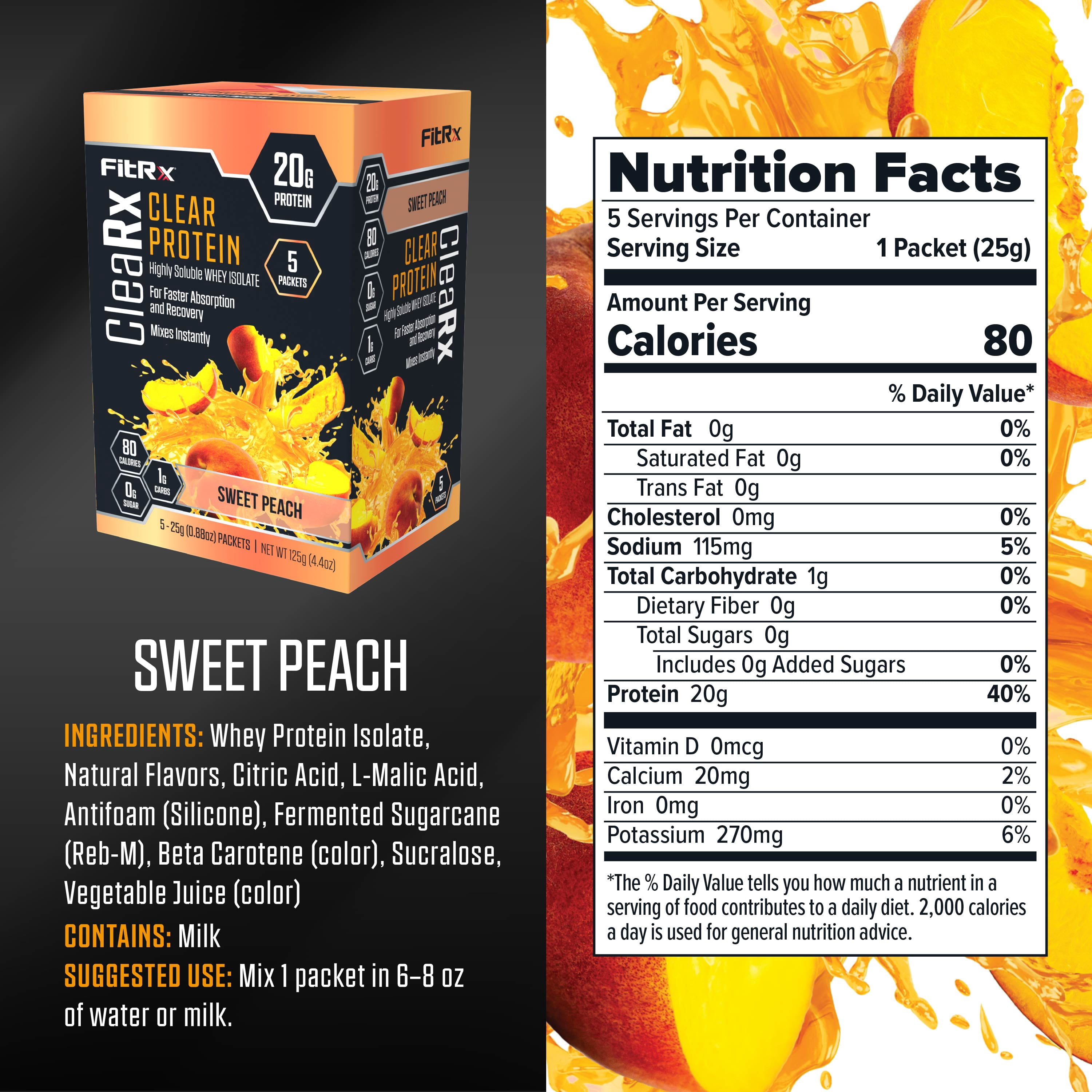 FitRx CleaRx Clear Sweet Peach Whey Protein 5 Packets - 20g