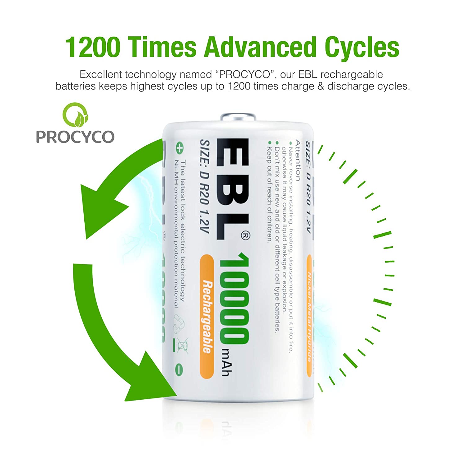 EBL D Size Rechargeable Batteries D Cell 10000mah NiMH Battery, 4 Counts 1.2V