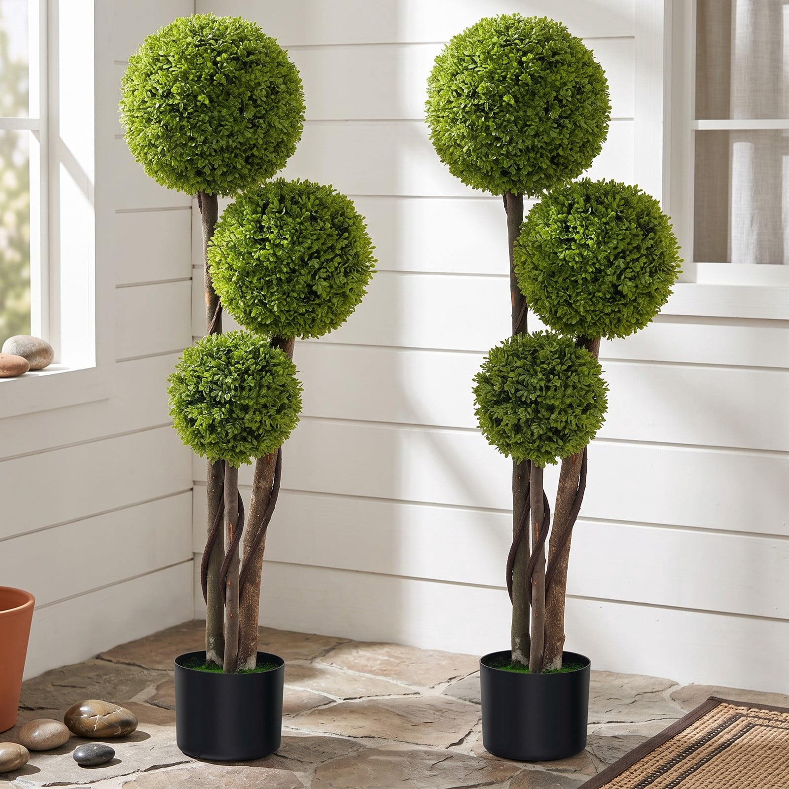 ALPULON 4 FT Artificial Boxwood Topiary Ball Tree, Faux Triple Ball Plant with Weighted Cement Pot for Indoor Outdoor Front Porch Home Shop Decor, Green