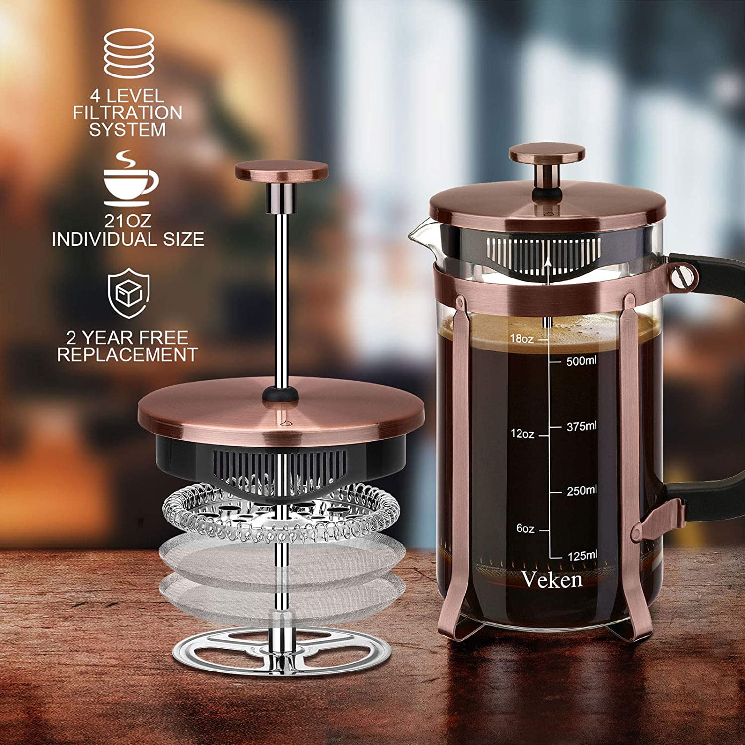 Veken French Press Coffee Maker (21 oz), 304 Stainless Steel Coffee Press  with 4 Filter Screens, Durable Easy Clean Heat Resistant Borosilicate Glass  - 100% BPA Free, Copper… - Walmart.com