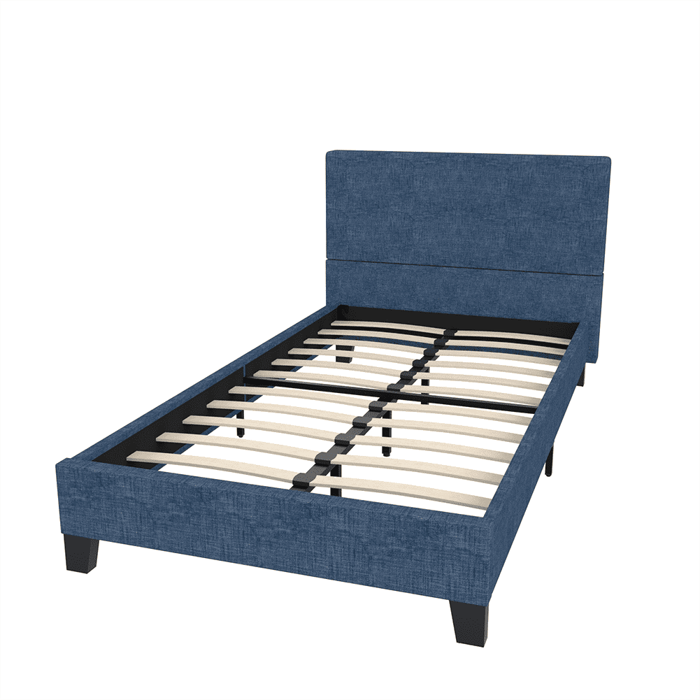 Kadyn Upholstered Linen Twin Platform Bed, Twin Size Bed with Tufted Square Stitched Fabric Headboard, Modern Bed Frame for Bedroom, Dark Blue