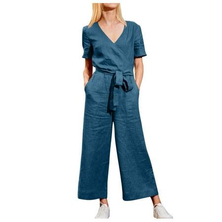 

pbnbp Women Jumpsuit Women s Summer Solid Cotton Linen V-Neck Pocket Tie Short Sleeve Overalls Women s Jumpsuits Rompers & Overalls