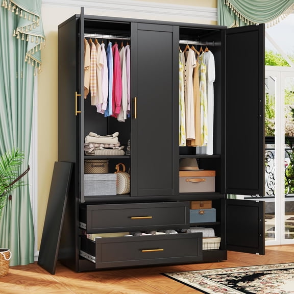 Metal Armoire Wardrobe Closet, Freestanding Clothing Storage Cabinet | with Hanging Rod, 2 Large Drawers & 3 Adjustable Shelves, 4‑Door Steel Wardrobe Cabinet for Bedroom, Black Bathroom Storage