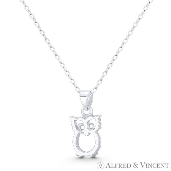 Perched Owl Bird Animal Charm 19x9mm (0.75x0.35in) Reversible Pendant & Chain Necklace in .925 Sterling Silver