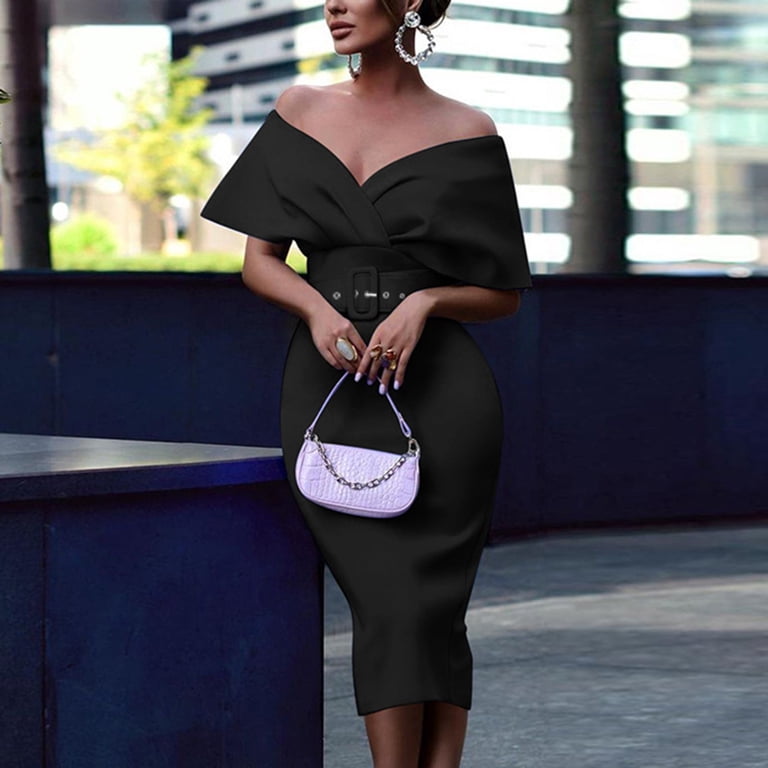 Aayomet Plus Size Dress for Women Women Elegant Dress Solid Color Dress Off  Shoulder Dresses Party Club Evening V Neck,Black XL - Walmart.com