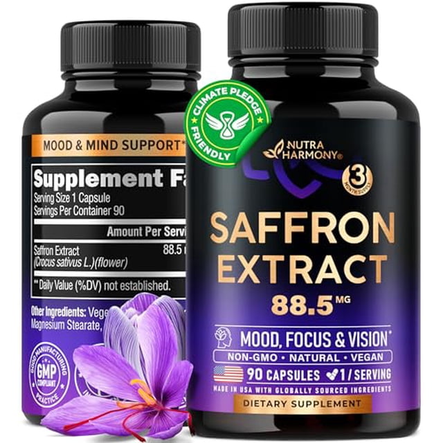 Suplementos naturales de azafrán - Extracto puro de azafrán 88,5 mg - Fabricado en Estados Unidos - Estado de ánimo | Enfoque | Visión | Apoyo energético - Salud ocular para mujeres y hombres - Píldor