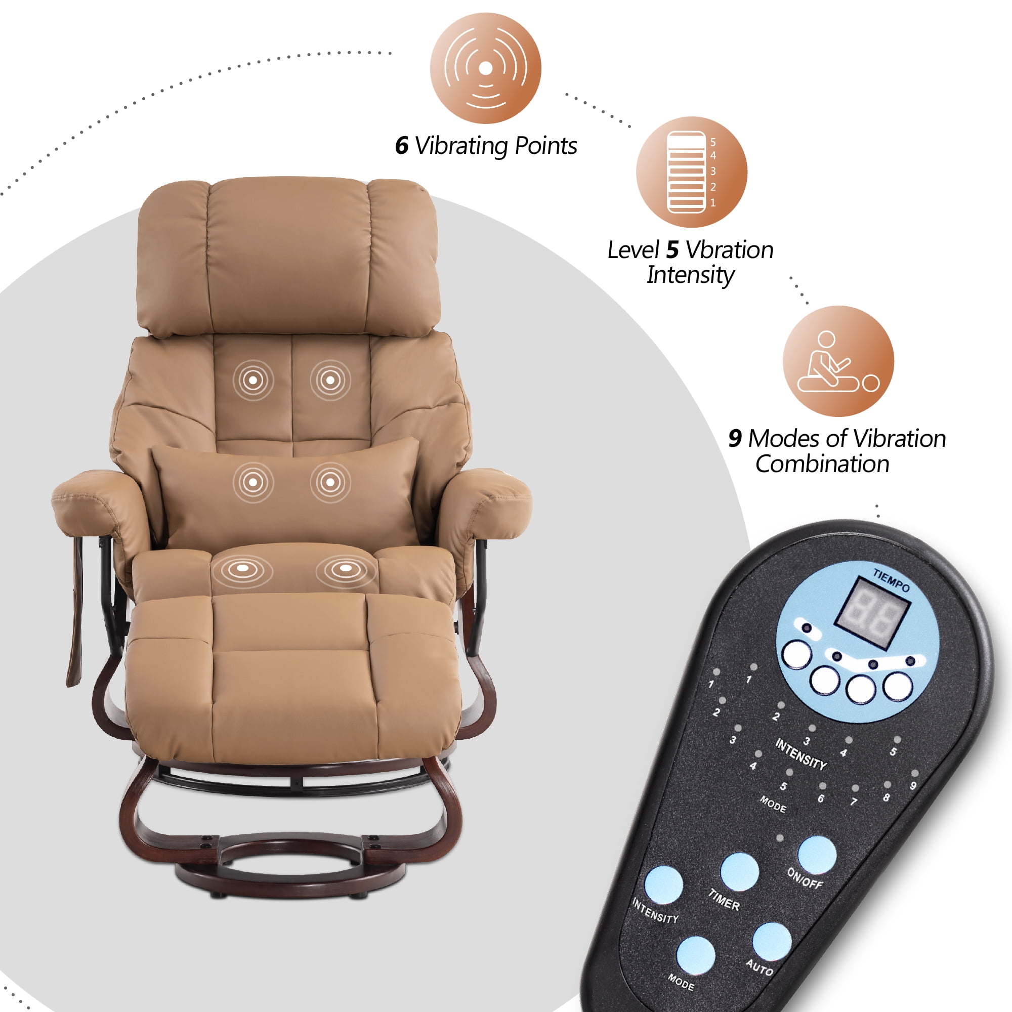 MCombo 360° Swivel Recliner with Ottoman, Lumbar Pillow, Vibration Massage Reclining Chair, Faux Leather(Cognac)