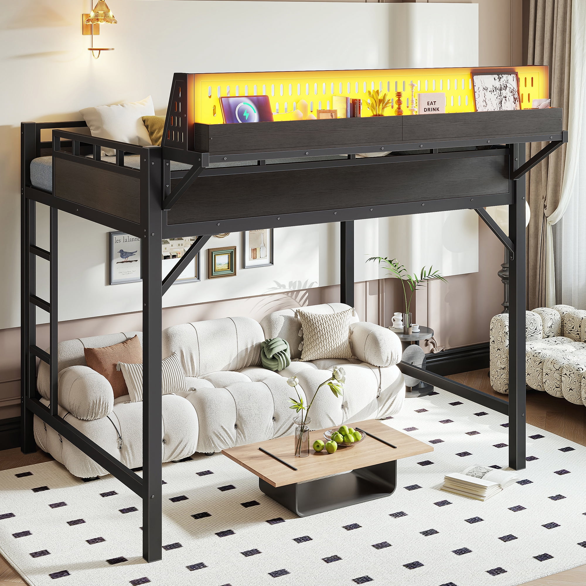 Leumius Full Size Loft Bed with Storage Shelves and Pegboard,Metal Loft Bed Frame with USB Ports and LED Lights,Black
