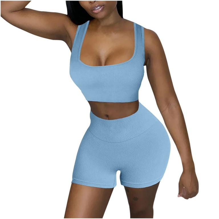 XIAOFFENN Workout Shorts Womens Workout Shorts Womens Fashion Women  Two-Piece Round Neck Solid Sexy Sleeveless Tops And Short Pants Sets Outfit  Casual Solid Gray Gym Outfits Clearance 