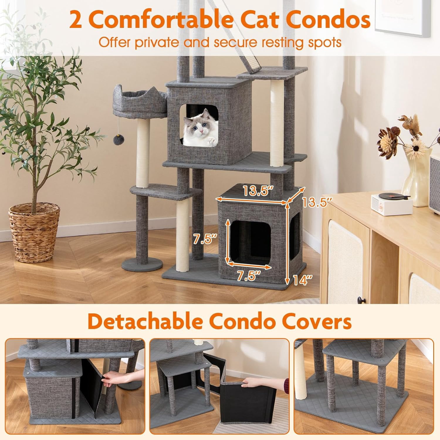 LEHOME 71 Inch Tall Cat Tree, Multi-Level Large Cat Tower with Scratching Posts & Sisal Board & Ladder, 2 Removable Condos, Perch, Bed, Dangling Balls, Modern Linen Fabric Cat Tree for Indoor Cat