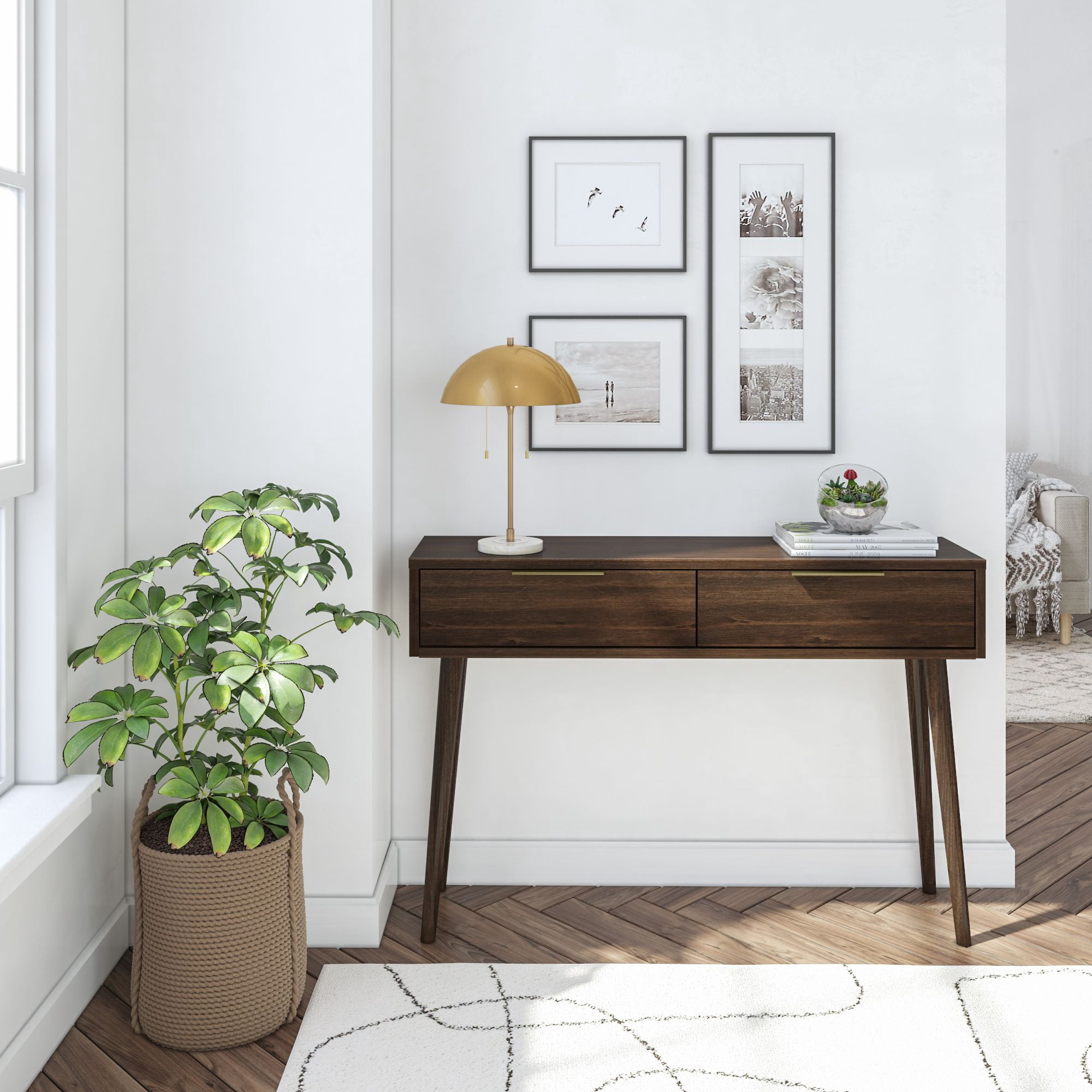 Plank+Beam 46" Mid Century Modern Console Table with Storage Shelves, Entryway Table with Storage, Foyer Tables for Entryway, Console Table, Walnut