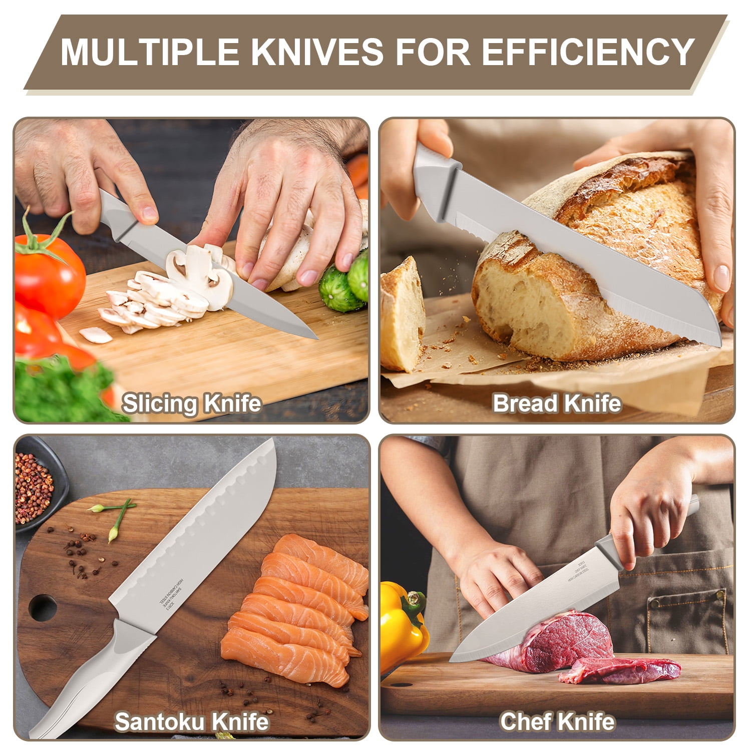 Walchoice 15 Pieces Knife Set with Block, High Carbon Stainless Steel Kitchen Knife Set with Sharpener, Rust Resistant & Dishwasher Safe - Khaki