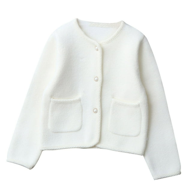 ShomPort Cardigans en Tricot pour Filles Manches Longues Col Rond Boutonné avec Poches Mignon Léger