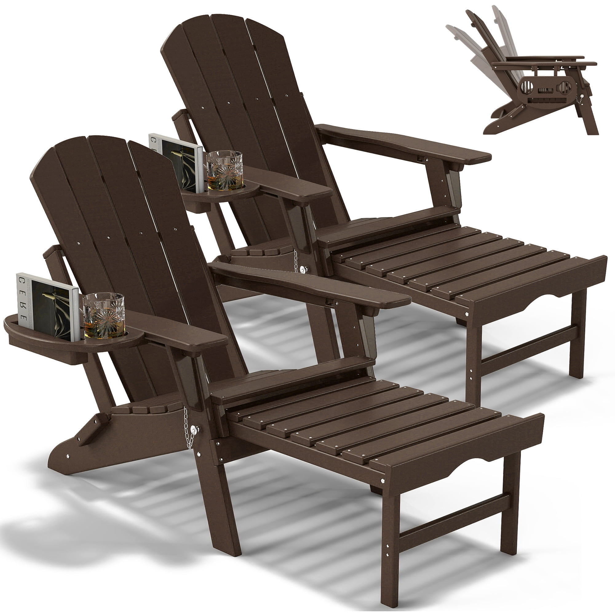 2PCS Folding Adirondack Chair with Ottoman, Adjustable Backrest Plastic HDPE Adirondack Chairs w/4 in 1 Cup Holder Tray, Coffee