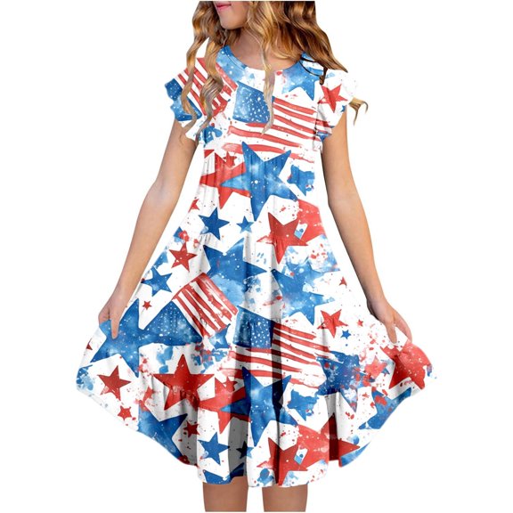 Little Girl Dress Ruffled Sleeve A-Line Tiered Swing Cute 4th Of July Dress Girls Birthday Dress For Girls Special Occasion Dress