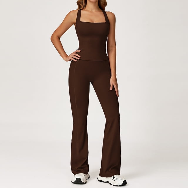 PISONIC Women Two Piece Workout Sets Racerback Tank Tops Matching High Waisted Flared Leggings with Pockets Gym Yoga Outfits