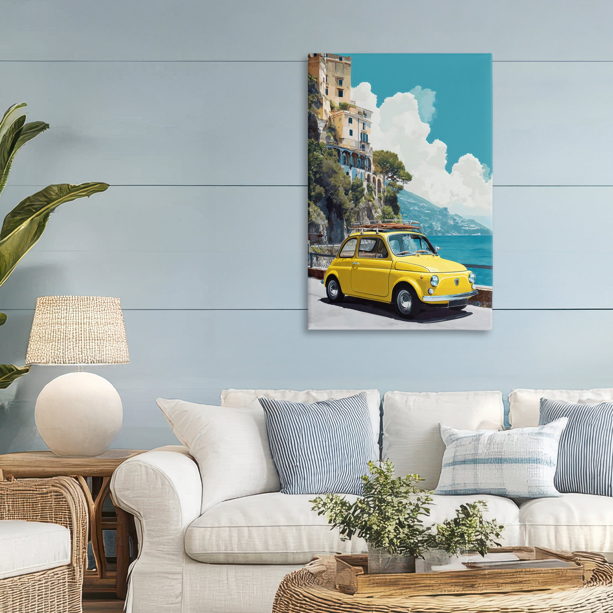 Stupell Industries Yellow Car on Coast Canvas Wall Art, design by Petal Prints Design