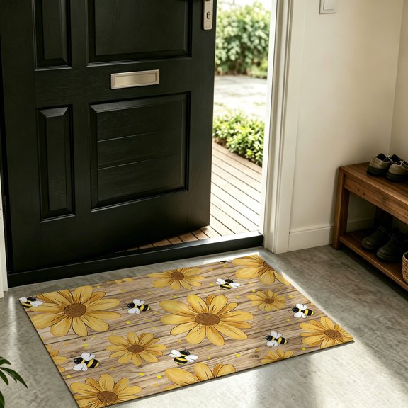 Front Door Mat Indoor Outdoor Farmhouse Rustic Bees Yellow Daisy Non-Slip Doormat Low Profile Patio Porch Entryway Rug 16x24in Vintage Wood Grain