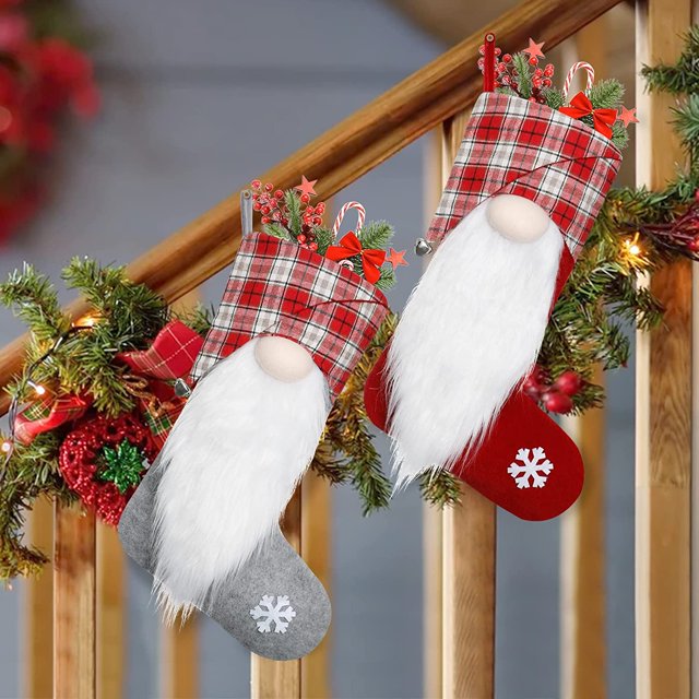 Paquete de 2 calcetines de Navidad grandes de 17 pulgadas, 3D de peluche de Papá Noel, gnomo sueco, calcetín de Navidad, árbol de Navidad, decoraciones para chimenea (Xmas-2) JAMW Sencillez