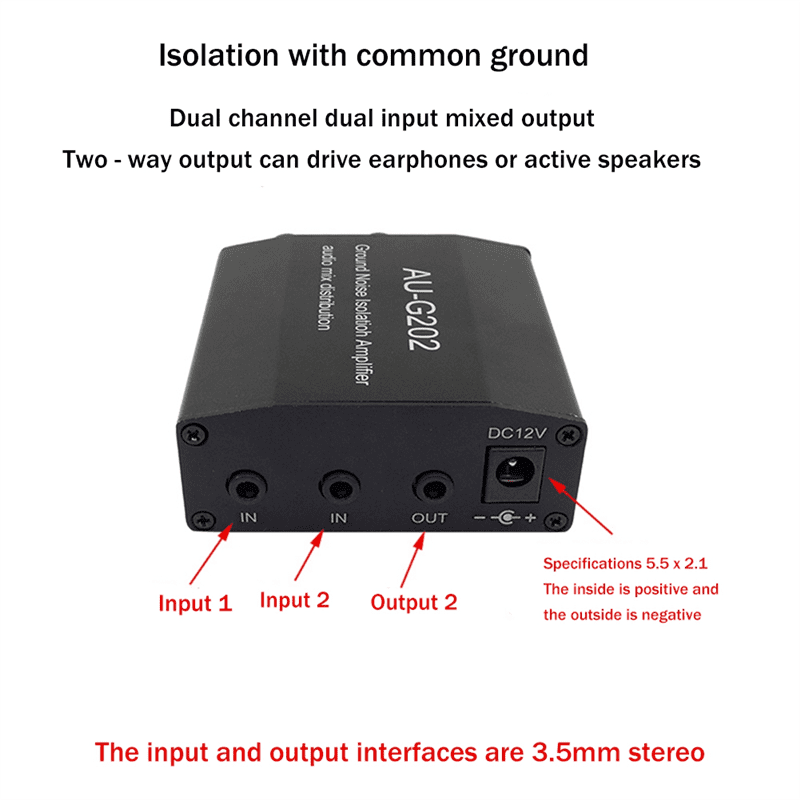 AUG202 Audio Mixer Distributor DC5-18V Ground Noise Lsolatioh Amplifier Dual Channel 2 in 2 Out Amplifier,1 * Mixer,Black