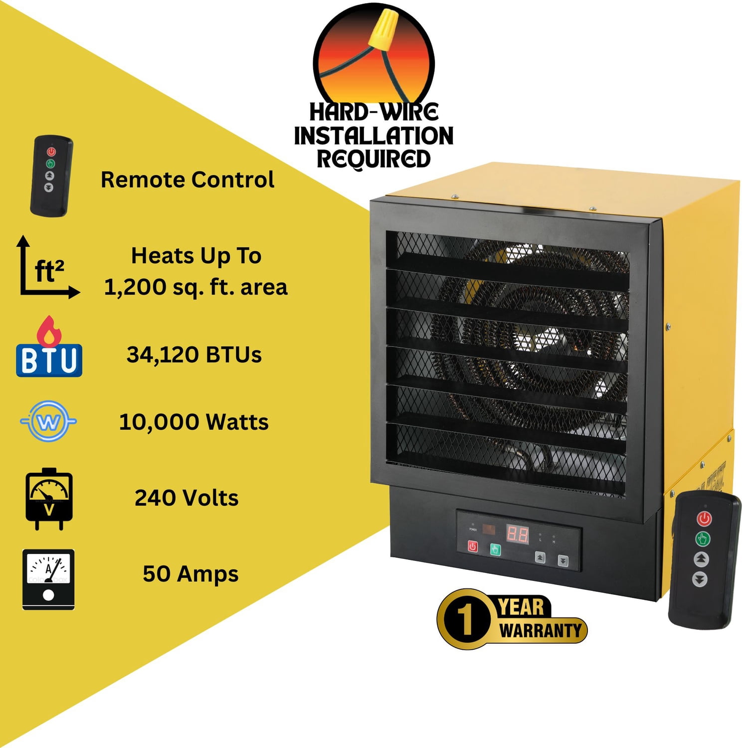 DURA HEAT 240-Volt Hardwired Electric Forced-Air Garage Heater, 10,000 Watts, 34,120 BTUs, Mounting Kit, Remote with Adjustable Thermostat