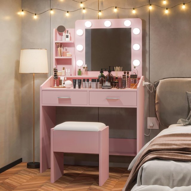 Ensemble de Coiffeuse avec Miroir Éclairé et Prise de Courant, 3 Modes d'Éclairage Réglables, 2 Tiroirs, Tabouret Rembourré et Support pour Séchoir à Cheveux, Table de Toilette Moderne pour Femmes, Rose